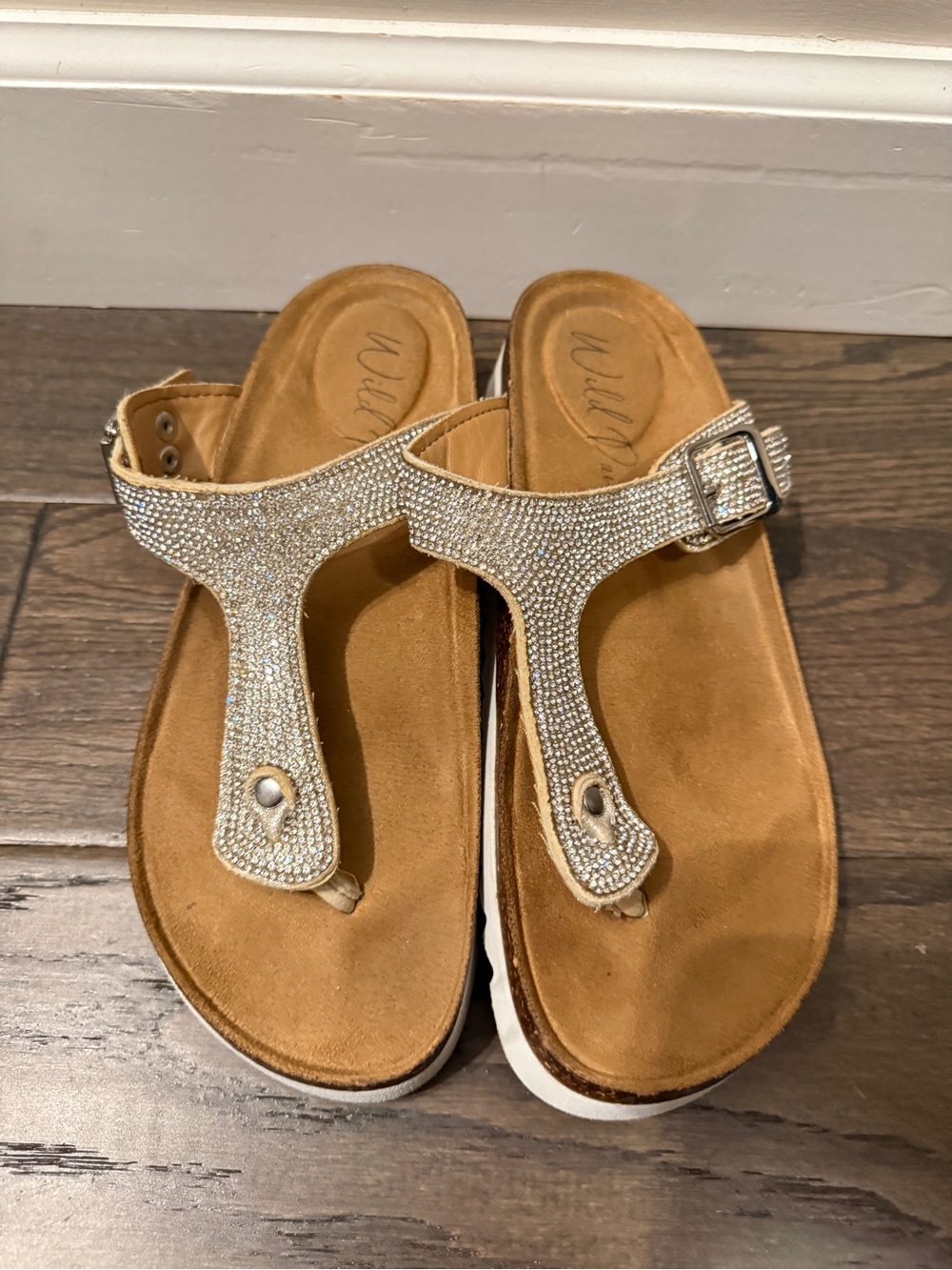 Wild Pair Gold T-Strap Rhinestone Sandals